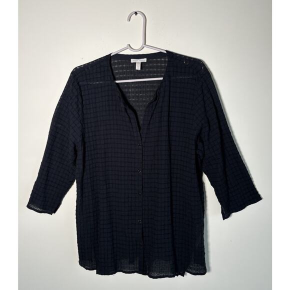 Eileen Fisher Womens Black Cotton Waffle Texture 3/4 Sleeve Button Up Top Sz L - Picture 1 of 11